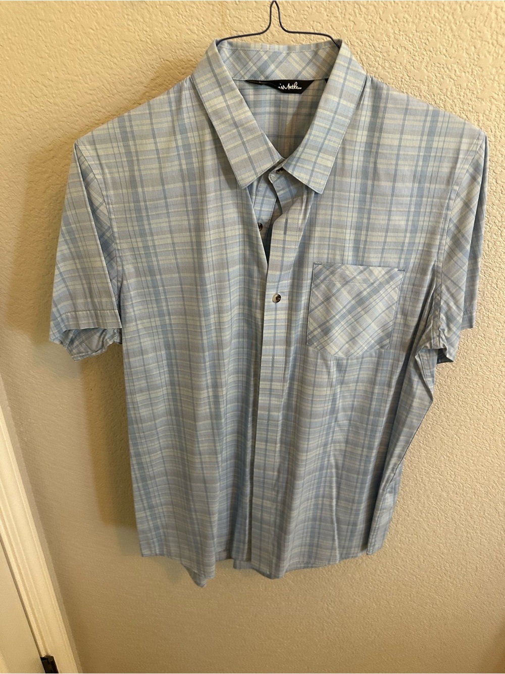 Travis Mathew Blue and White Plaid Short-Sleeve Button-Down Shirt